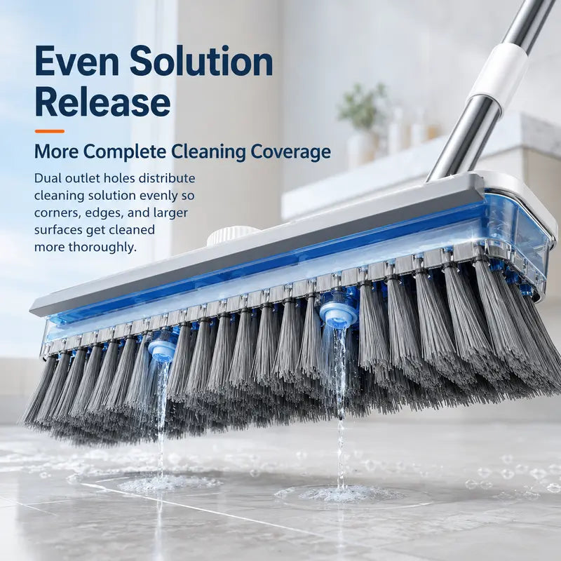 4-In-1 Liquid Dispensing Floor Scrub Brush with Long Plastic+Steel Handle, 25Cm Heavy-Duty Stiff Bristle Broom with Squeegee & Tweezer for Floors/Tiles Deep Cleaning House Supplies, Wet Dry Fur Remover Grey Home Care Tool Hard Kitchen Scraper Brooms Push