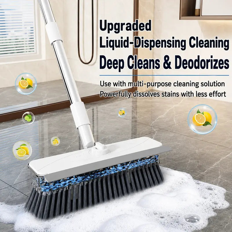 4-In-1 Liquid Dispensing Floor Scrub Brush with Long Plastic+Steel Handle, 25Cm Heavy-Duty Stiff Bristle Broom with Squeegee & Tweezer for Floors/Tiles Deep Cleaning House Supplies, Wet Dry Fur Remover Grey Home Care Tool Hard Kitchen Scraper Brooms Push