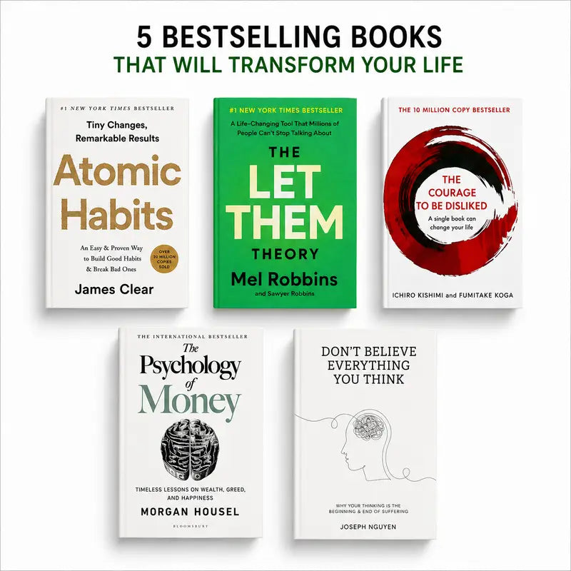 5-Book English Regular Softcover Self-Help Bundle - Bestselling Life Transformation Titles: Atomic Habits, Let Them Theory, Psychology of Money, the Courage to Be Disliked, Don'T Believe Everything You Think, Five Books