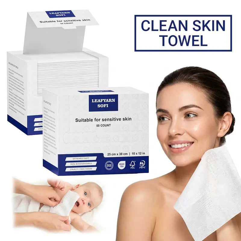 Ultra-Soft Hypoallergenic Disposable Face Towels - 50 Non-Toxic Plant Fiber Washcloths for Sensitive Skin