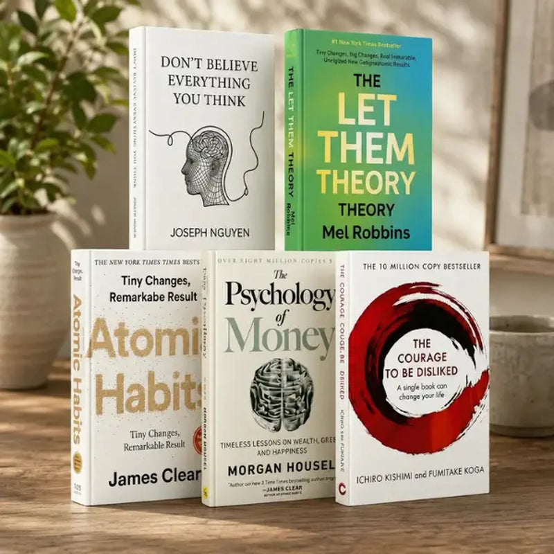 5-Book English Regular Softcover Self-Help Bundle - Bestselling Life Transformation Titles: Atomic Habits, Let Them Theory, Psychology of Money, the Courage to Be Disliked, Don'T Believe Everything You Think, Five Books