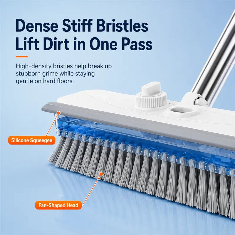 4-In-1 Liquid Dispensing Floor Scrub Brush with Long Plastic+Steel Handle, 25Cm Heavy-Duty Stiff Bristle Broom with Squeegee & Tweezer for Floors/Tiles Deep Cleaning House Supplies, Wet Dry Fur Remover Grey Home Care Tool Hard Kitchen Scraper Brooms Push