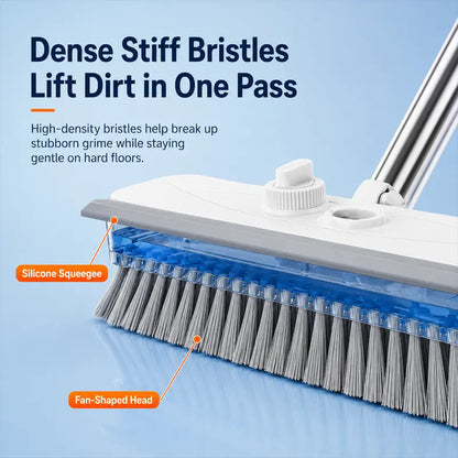 4-In-1 Liquid Dispensing Floor Scrub Brush with Long Plastic+Steel Handle, 25Cm Heavy-Duty Stiff Bristle Broom with Squeegee & Tweezer for Floors/Tiles Deep Cleaning House Supplies, Wet Dry Fur Remover Grey Home Care Tool Hard Kitchen Scraper Brooms Push