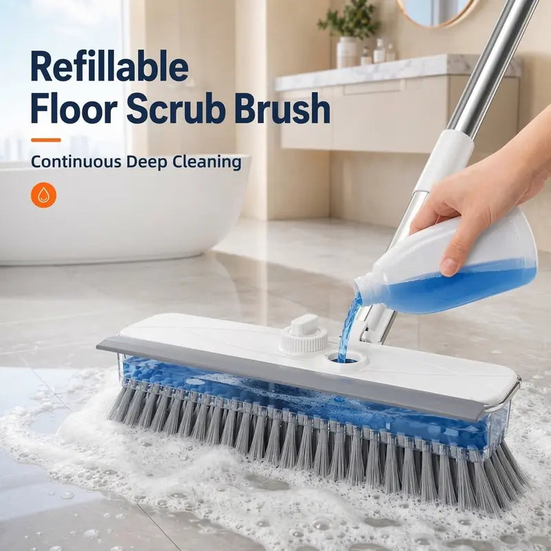 4-In-1 Liquid Dispensing Floor Scrub Brush with Long Plastic+Steel Handle, 25Cm Heavy-Duty Stiff Bristle Broom with Squeegee & Tweezer for Floors/Tiles Deep Cleaning House Supplies, Wet Dry Fur Remover Grey Home Care Tool Hard Kitchen Scraper Brooms Push
