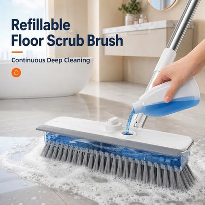 4-In-1 Liquid Dispensing Floor Scrub Brush with Long Plastic+Steel Handle, 25Cm Heavy-Duty Stiff Bristle Broom with Squeegee & Tweezer for Floors/Tiles Deep Cleaning House Supplies, Wet Dry Fur Remover Grey Home Care Tool Hard Kitchen Scraper Brooms Push