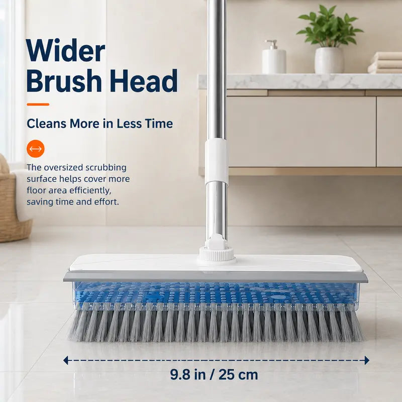 4-In-1 Liquid Dispensing Floor Scrub Brush with Long Plastic+Steel Handle, 25Cm Heavy-Duty Stiff Bristle Broom with Squeegee & Tweezer for Floors/Tiles Deep Cleaning House Supplies, Wet Dry Fur Remover Grey Home Care Tool Hard Kitchen Scraper Brooms Push