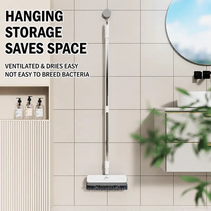4-In-1 Liquid Dispensing Floor Scrub Brush with Long Plastic+Steel Handle, 25Cm Heavy-Duty Stiff Bristle Broom with Squeegee & Tweezer for Floors/Tiles Deep Cleaning House Supplies, Wet Dry Fur Remover Grey Home Care Tool Hard Kitchen Scraper Brooms Push