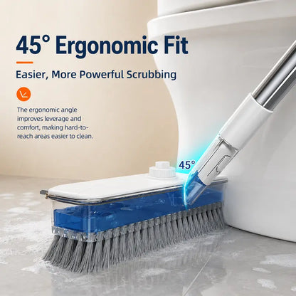 4-In-1 Liquid Dispensing Floor Scrub Brush with Long Plastic+Steel Handle, 25Cm Heavy-Duty Stiff Bristle Broom with Squeegee & Tweezer for Floors/Tiles Deep Cleaning House Supplies, Wet Dry Fur Remover Grey Home Care Tool Hard Kitchen Scraper Brooms Push