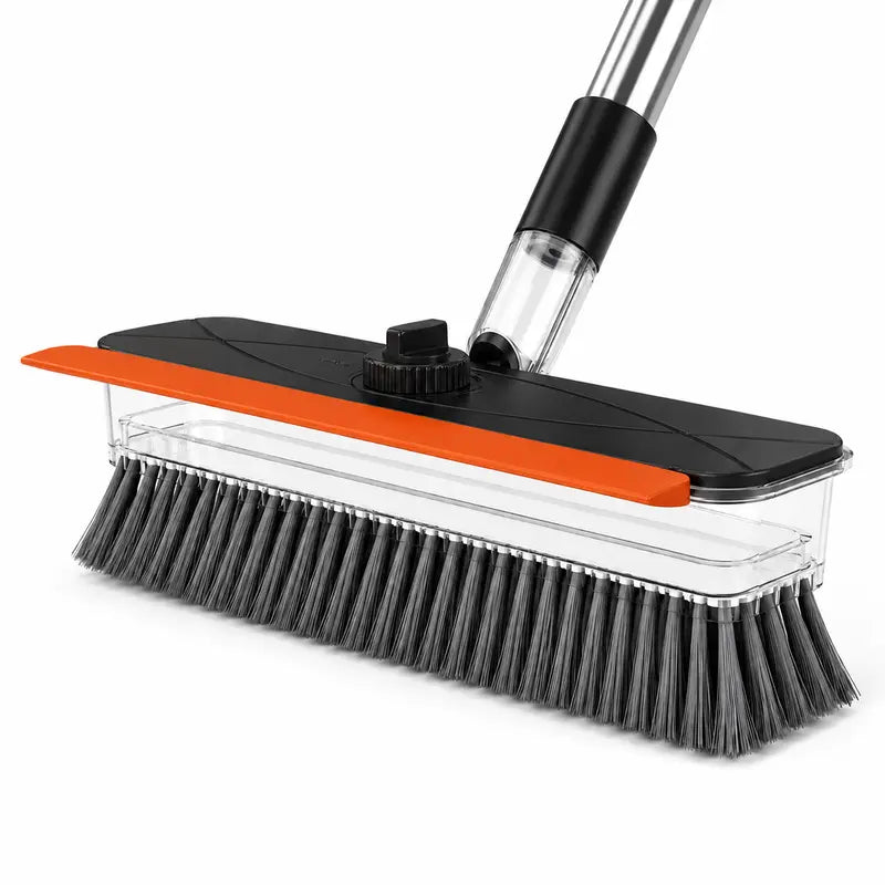 4-In-1 Liquid Dispensing Floor Scrub Brush with Long Plastic+Steel Handle, 25Cm Heavy-Duty Stiff Bristle Broom with Squeegee & Tweezer for Floors/Tiles Deep Cleaning House Supplies, Wet Dry Fur Remover Grey Home Care Tool Hard Kitchen Scraper Brooms Push