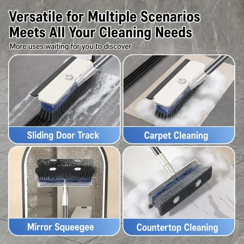 4-In-1 Liquid Dispensing Floor Scrub Brush with Long Plastic+Steel Handle, 25Cm Heavy-Duty Stiff Bristle Broom with Squeegee & Tweezer for Floors/Tiles Deep Cleaning House Supplies, Wet Dry Fur Remover Grey Home Care Tool Hard Kitchen Scraper Brooms Push