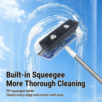 4-In-1 Liquid Dispensing Floor Scrub Brush with Long Plastic+Steel Handle, 25Cm Heavy-Duty Stiff Bristle Broom with Squeegee & Tweezer for Floors/Tiles Deep Cleaning House Supplies, Wet Dry Fur Remover Grey Home Care Tool Hard Kitchen Scraper Brooms Push