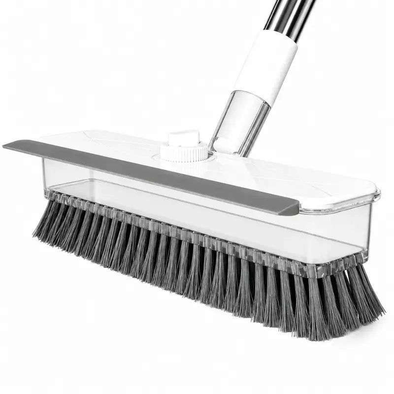 4-In-1 Liquid Dispensing Floor Scrub Brush with Long Plastic+Steel Handle, 25Cm Heavy-Duty Stiff Bristle Broom with Squeegee & Tweezer for Floors/Tiles Deep Cleaning House Supplies, Wet Dry Fur Remover Grey Home Care Tool Hard Kitchen Scraper Brooms Push
